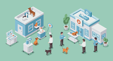 Modern veterinary clinic with isometric design and busy professionals caring for pets