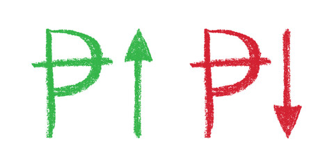 Hand drawn peseta currency symbol Growth and fall profit with arrow up and down Brush stroke doodle Element for design