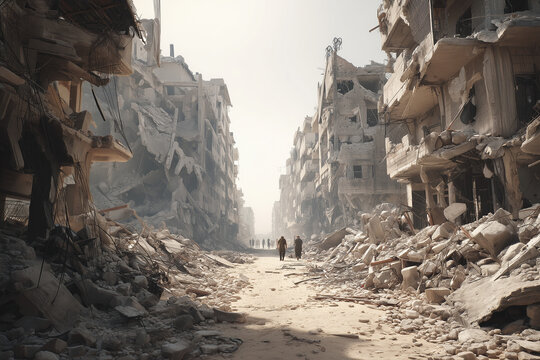 War-torn city ruins with civilians walking among collapsed buildings