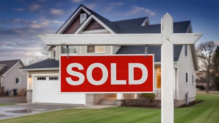 A sold sign in front of a two story house with a garage and a well manicured lawn on a cloudy day