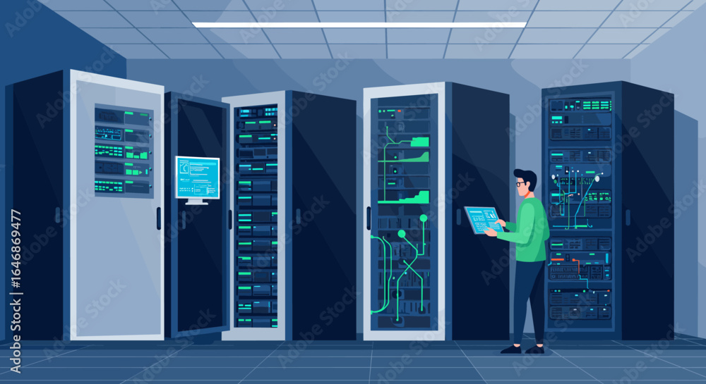 Poster modern data center with it technician analyzing server racks in a network room