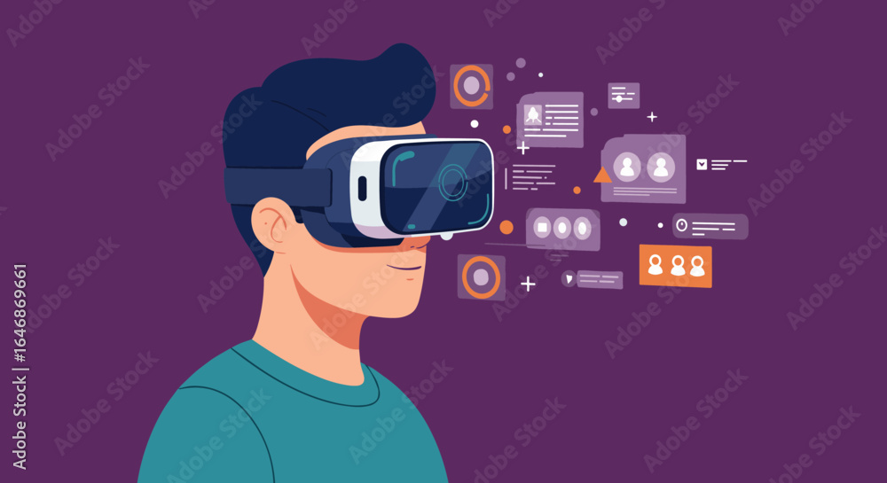 Poster virtual reality experience with interactive digital interface in a modern flat design