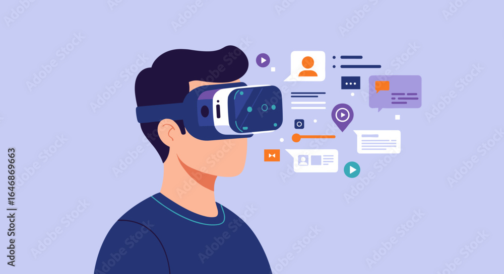 Poster virtual reality experience with headset and digital interfaces in modern flat design