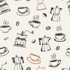 Hand-drawn coffee tools seamless pattern sketch on beige background