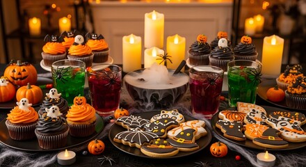Naklejka premium Delicious Halloween treats cupcakes, cookies, and drinks on a festive table