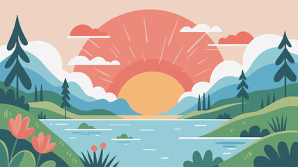 Mountain landscape with lake and trees in summer scenery