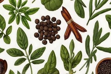Seamless pattern with cinnamon, black pepper and green herbs