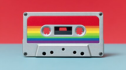 Obraz premium Vibrant retro cassette tape with rainbow stripes celebrating music culture from the past