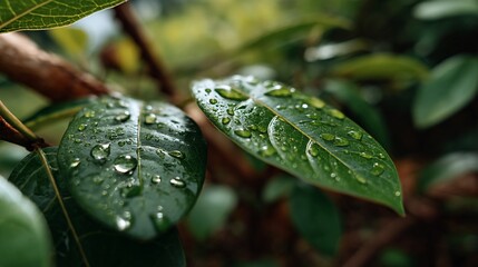 Closeup of wet green leaves with water droplets.