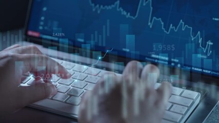 Stock market analysis, digital charts and trading business growth. Professional financial report review, investment results and rising stock charts show business strategies and wealth management.