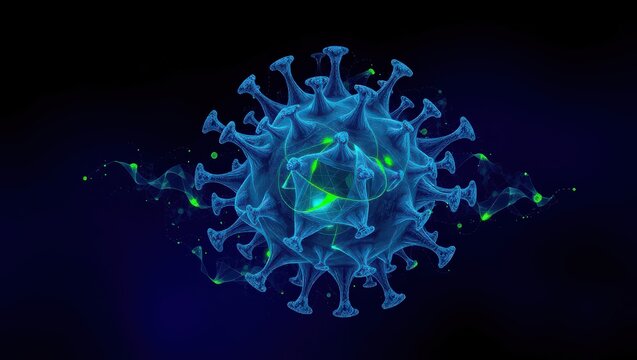 A detailed rendering of a blue virus cell with green highlights on a dark background in a studio shot
