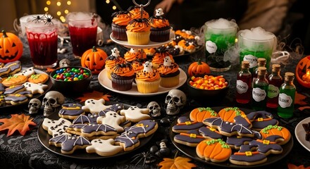 Naklejka premium Festive Halloween Treats and Beverages A Delightful Spread of Cookies, Cupcakes, and Spooky Drinks for the Holiday