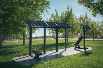 Solar-powered fitness area in a green park setting enhancing outdoor workouts