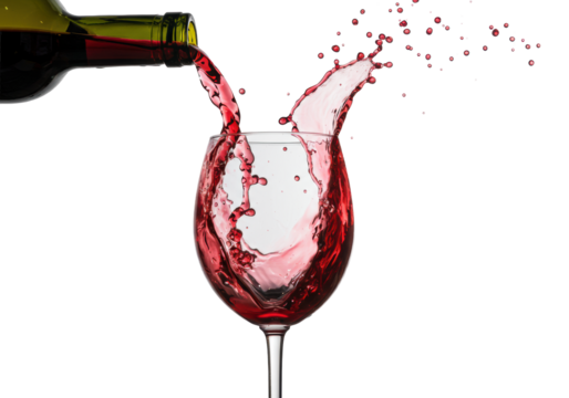 Rich ruby red wine dramatically splashing into an elegant clear stemmed wine glass, frozen in time on a transparent studio background with copy space, luxurious celebration