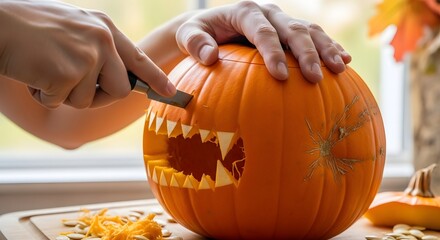 Close up of a person's hands carefully carving a spooky monster face with sharp teeth onto a pumpkin for Halloween