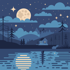 Winter night city landscape with houses and moonlight