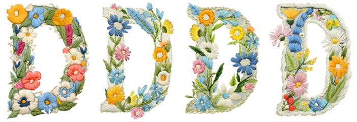 Floral Embroidered Letter D with Flowers and Greenery. Decorative Monogram for Scrapbooking, Crafts, and Textile Art, capital letters, teaching, scrapbooking
