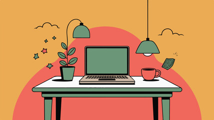 Man working on laptop at desk in office illustration