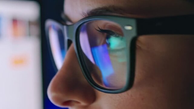 Close-up of a person's eye with glasses reflecting digital screen's light and data - Powered by Adobe
