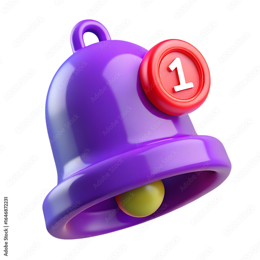Poster purple notification bell icon with a red circle and number one isolated on transparent background