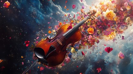 Fototapeta premium A vibrant violin surrounded by a burst of colorful flowers and petals, set against a cosmic backdrop, symbolizing creativity and harmony.