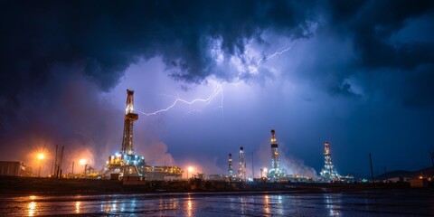 Fototapeta premium Lightning storm illuminating shale oil production site at night