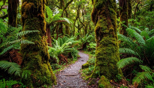 Lush forest path lined with ferns - Powered by Adobe
