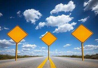 Vibrant Landscape with Empty Road and Three Yellow Warning Signs