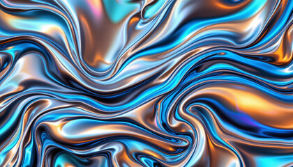 Fototapeta premium Glossy metallic holographic fluid art, silvery blue abstract pattern, vibrant swirling texture, modern background
