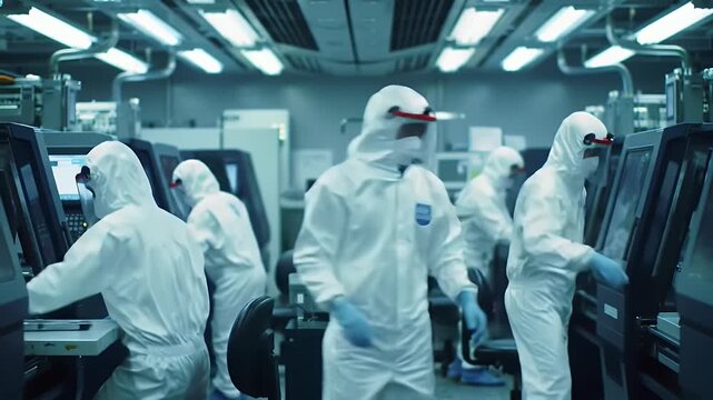 Cleanroom workers in protective suits operate machinery in a high-tech manufacturing facility, handling components with precision
