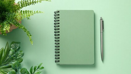 Mint green notebook and pen on pastel background