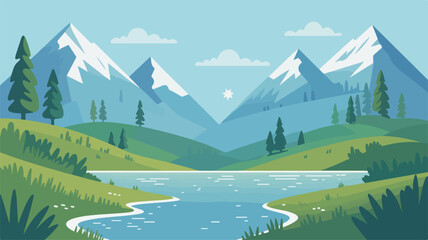 Mountain landscape with snow-capped peaks forest and cloudy sky in summer