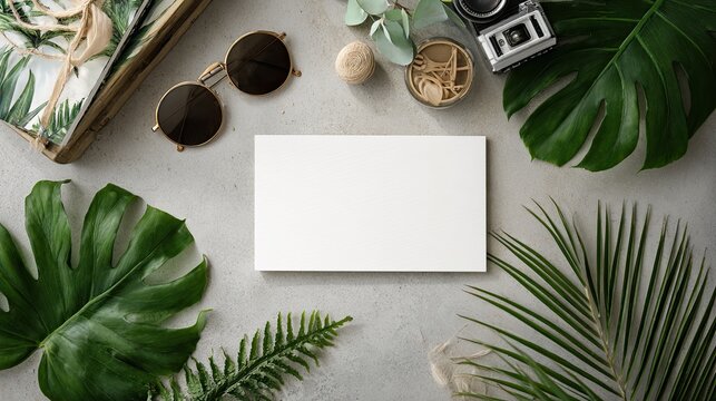 Tropical flatlay with blank canvas, sunglasses, camera, and foliage