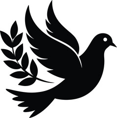 Silhouette of a dove with a laurel branch symbolizing peace and hope isolated on white background