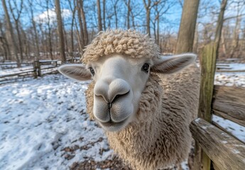 Obraz premium Close-Up of a Sheep in a Snowy Forest Landscape with Wooden Fence