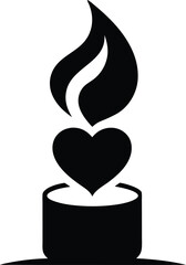 Black silhouette of a candle with a heart shaped flame isolated on white background