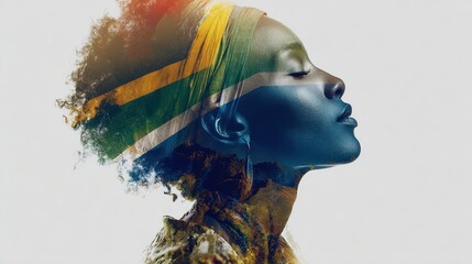 South African Pride: A striking portrait merges the profile of a person with the vibrant colors and patterns of the South African flag.