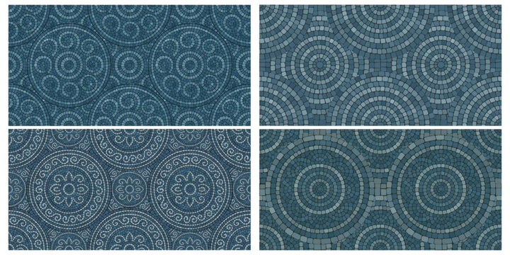 Seamless pattern blue Circular Mosaic. Decorative Antique Stone Ornament.