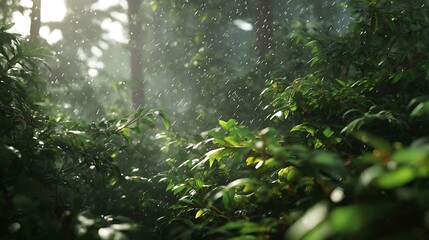 Fototapeta premium Lush foliage in a rain-drenched forest.