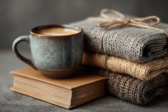 Cozy scene coffee cup, stack of sweaters, book, on gray background, warm