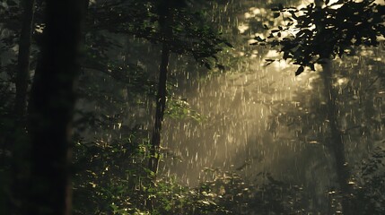 Obraz premium Sunlight filtering through rain in a dense forest.