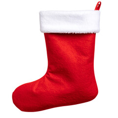 A single red Christmas stocking, a traditional holiday decoration, is isolated on a white background