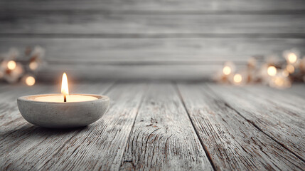 Una vela encendida en un cuenco de piedra sobre una mesa de madera r&uacute;stica con luces bokeh c&aacute;lidas.