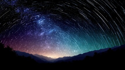 Stunning night sky landscape showcases vibrant celestial displays. Breathtaking view star trails gracefully arc across deep, dark, vast expanse. Serene mountains silhouette below, creating beautiful