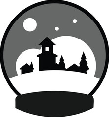Christmas snow globe with village and trees silhouette isolated on white background