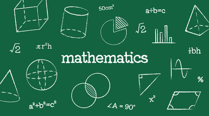 Mathematics theme vector icons drawn in white chalk on a green chalkboard background. Ideal for math lessons, tutoring materials, STEM education graphics, and school-related projects.