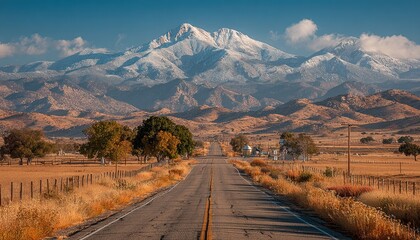 A long, straight road leads towards a snow-capped mountain range under a clear blue sky