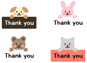 Cute cartoon animal characters with thank you message board – bunny, puppy, teddy bear, kitten set