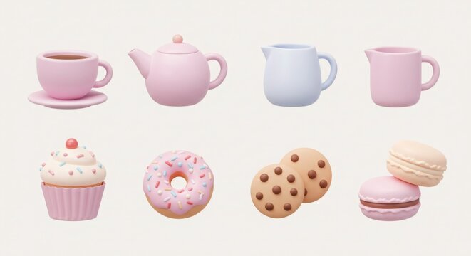 Set of 8 pastel 3D icons coffee cup, teapot, mug, milk jug, cupcake, donut, cookie, macaron