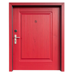 Fototapeta premium Isolated bright red wooden front door on a white wall